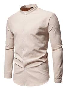 Manfinity Homme 男士纯色立领长袖休闲正装衬衫，春夏 - 卡其色 - 查看 3