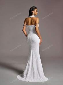 Faeriesty Vestido de novia - Escote corazón sin tirantes con adornos de cascada de cadena de cuentas, abertura hasta el muslo y elegante cola de sirena para ceremonias nupciales, bodas en la iglesia, galas formales, recepciones nocturnas, eventos de alfombra roja de lujo, novia