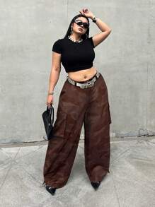 Flirla Plus Size Front Button, Multiple Pocket, Camouflage Loose Casual Pants