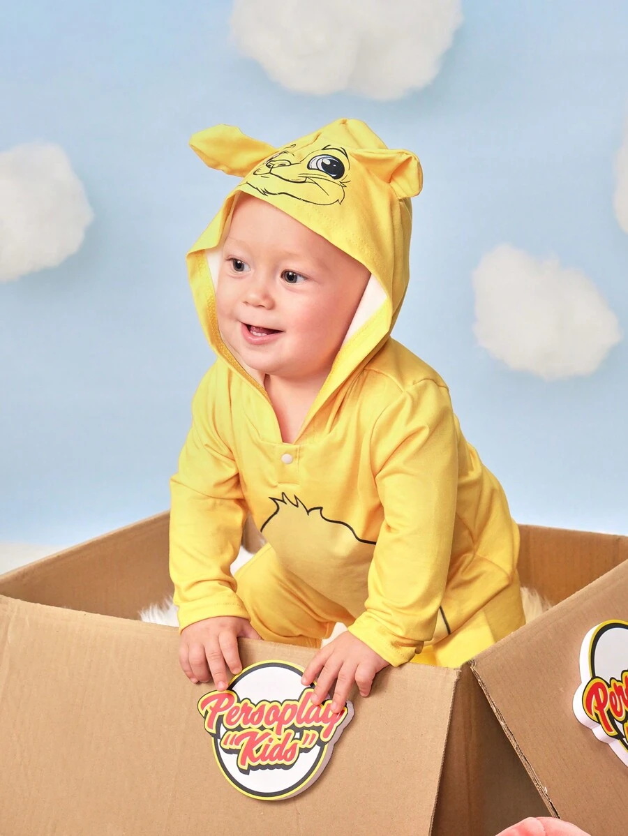 SHEIN Mono con capucha informal y lindo con estampado gráfico de león para bebés niños. Diseño con orejas 3D, adecuado para uso diario, ropa de casa, salidas y fiestas de disfraces, otoño/invierno - Amarillo - Ver 1