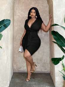 Slaydiva Plus Size Elegant & Party & Date Bodycon Solid Dress With Front Twist And Ruffle Detail Dress, Spring-Summer-F' - Black - View 4