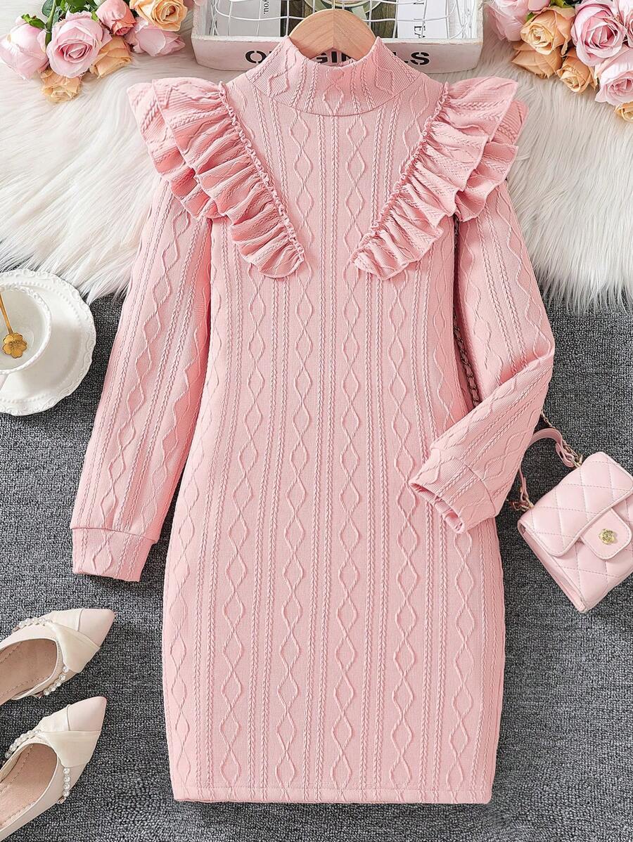 SHEIN Tween 女童针织提花荷叶边领高领连衣裙 - 粉色 - 查看 1