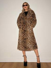 SHEIN ICON Large Lapel Leopard Print Fluffy Long Coat - Khaki - View 6