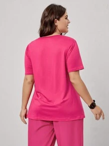 SHEIN TaskFit 加大码弹力针织 V 领双贴袋短袖手术服上衣护理手术服制服上衣 - 玫紅色 - 查看 2