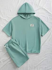 Claim Dot 男士连帽短袖字母拼布 T 恤和短裤休闲 2 件套 - 軍綠色 - 查看 3