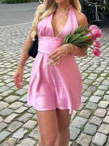 INAWLY Women's Solid Color Halter Backless Casual Mini Dress, Vacation - Pink - View 3