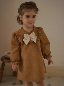 SHEIN Vintaside Kids Baby Girl Elegant Contrast Color Bow Decor Casual Dress, Fall/Winter - Multicolor - View 7