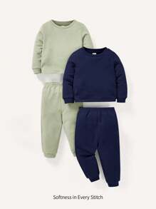 Cozy Pixies Baby Boy 4pcs Solid Color Crew Neck Long Sleeve Top And Ankle Length Pants Set - Green - View 1