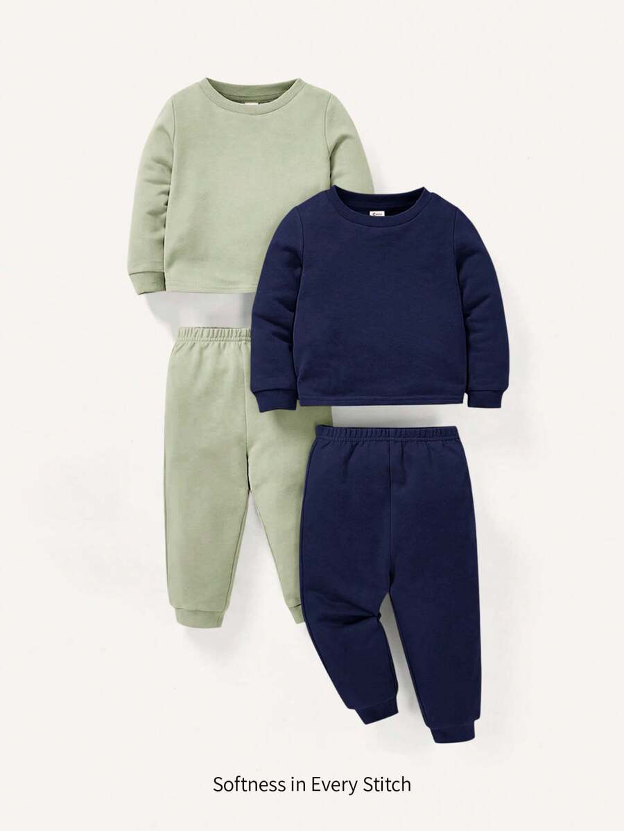 Cozy Pixies Baby Boy 4pcs Solid Color Crew Neck Long Sleeve Top And Ankle Length Pants Set - Green - View 1