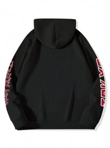 Manfinity EMRG 男士简约印花连帽衫，长袖，黑色，秋季 - 黑色 - 查看 3