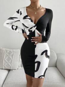SHEIN Privé Colorblock Twist Front Bodycon Dress - Black and White - View 3