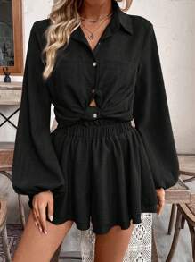 Breezaya 2 piezas Conjunto de blusa informal de manga larga con botones y cuello y falda para mujer - Negro - Ver 3