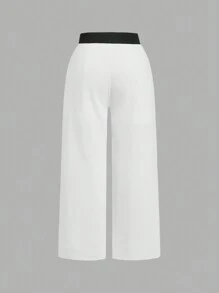 SHEIN MOD 大码黑白撞色花卉优雅办公休闲阔腿裤 - 白色 - 查看 2