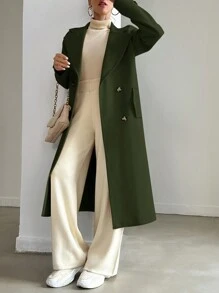 EURMUSE 女士純色羊毛大衣，雙排扣翻領設計 - 卡其色 - 查看 6