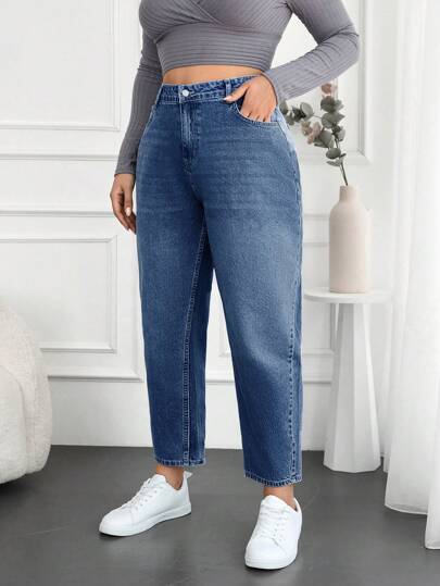 EURMUSE Plus Size Water Washed Mom Style Jeans