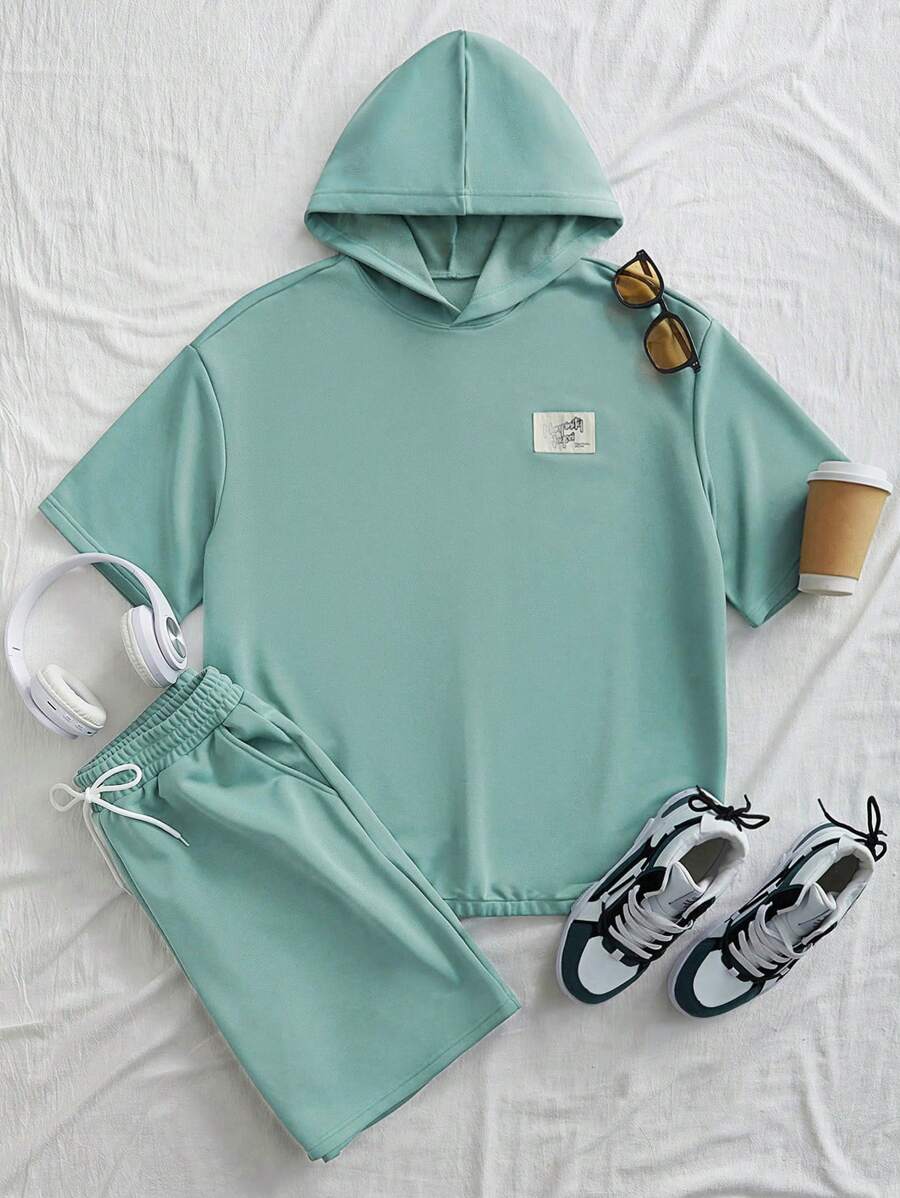 Claim Dot 男士连帽短袖字母拼布 T 恤和短裤休闲 2 件套 - 軍綠色 - 查看 1