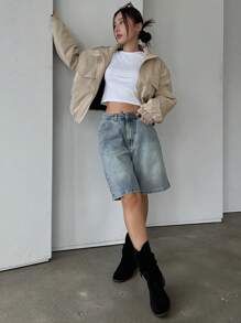 DAZY 女士纯色简约日常穿着长袖棉衣，冬季女装，冬季外套女夹克 - 卡其色 - 查看 6