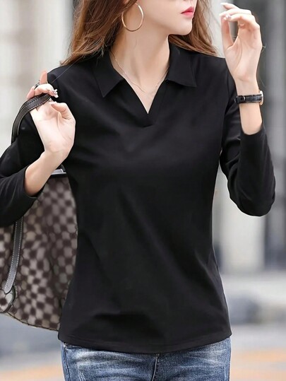 INAWLY Women's Spring/Summer Solid Color Lapel Loose Fit Casual Long Sleeve T-Shirt Fall Cloth For Women