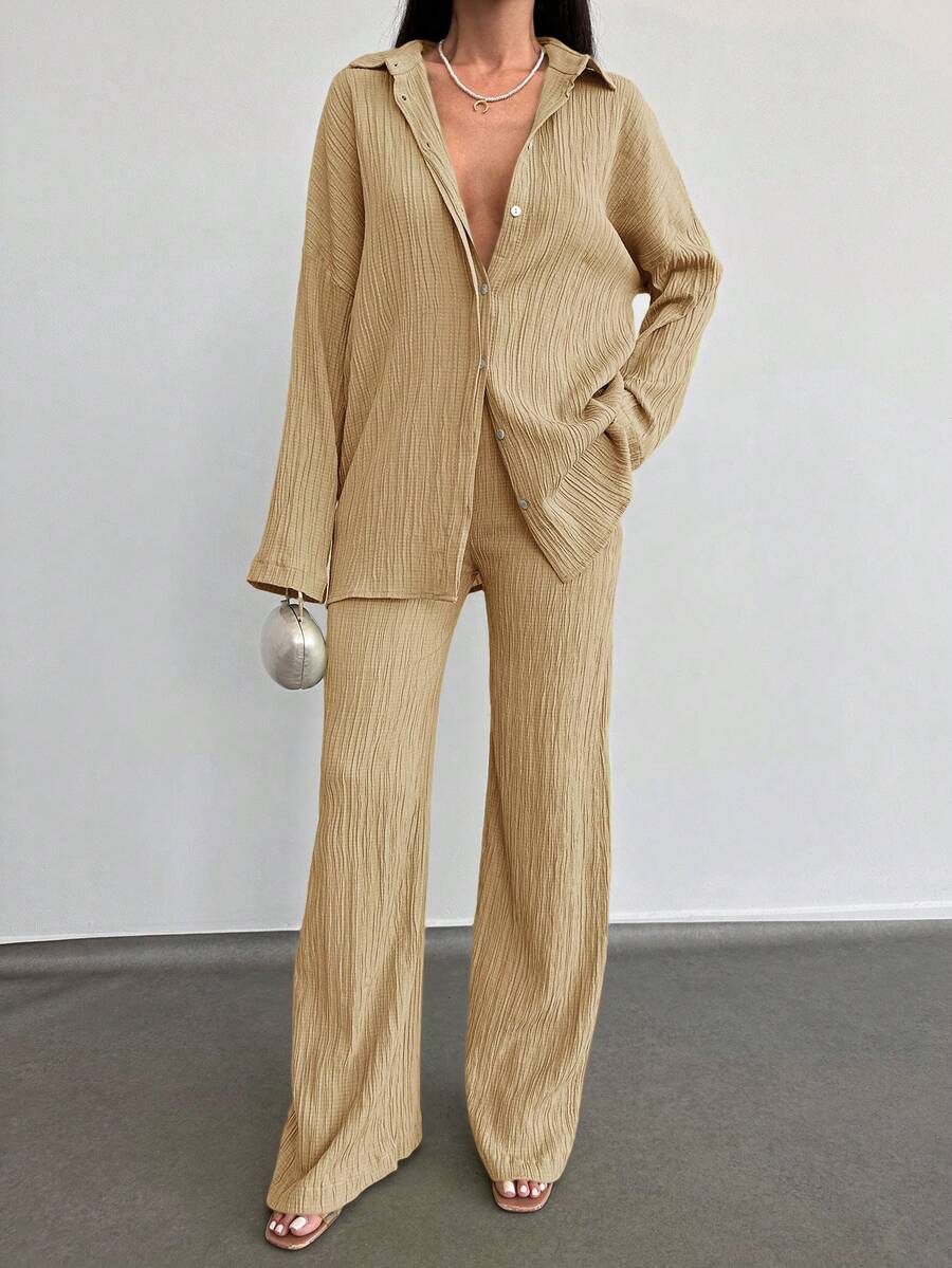 SHEIN Cottnline 2件/套純色單排扣t卹長褲套裝 - 米色 - 查看 1