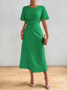 Chiquease Random Flower Pattern Solid Color Round Neck Short Sleeve Summer Casual Dress Maxi Women Outfit - Green - View 6