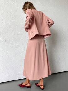 SHEIN Privé 2 件套女士秋季职业翻领西装外套和开衩长裙套装教师制服 - 珊瑚粉 - 查看 6