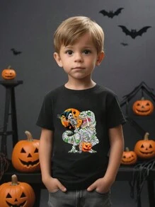 Camiseta básica casual con estampado de esqueleto, calabaza y dinosaurio con temática de Halloween para niño pequeño, manga corta - Negro - Ver 1