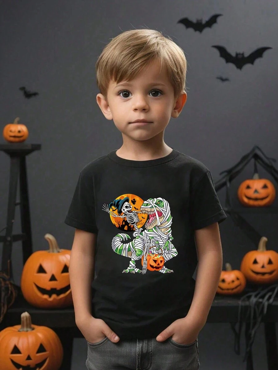 Camiseta básica casual con estampado de esqueleto, calabaza y dinosaurio con temática de Halloween para niño pequeño, manga corta - Negro - Ver 1