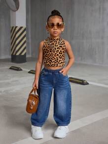 SHEIN 年轻女孩 Y2K 宽松蓝色牛仔阔腿裤，街头时尚酷炫薄款牛仔裤 - 深色水洗藍 - 查看 2