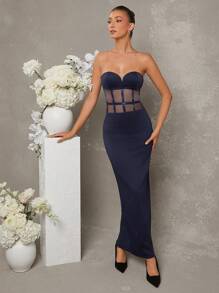 L'Amorae Elegant Strapless Sweetheart Bustier Maxi Dress - Royal Blue - View 3
