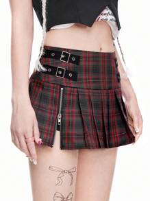 ROMWE Goth Halloween PUNK Dark Sexy Low Waist Plaid Print Ultra Short Pleated Skirt - Red - View 2