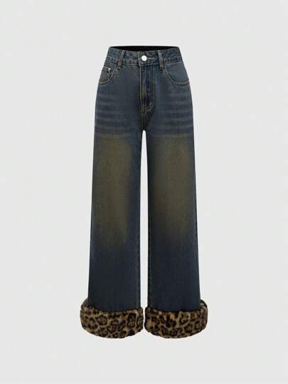 Grunge Punk Y2K Fuzzy Leopard Print Patchwork Vintage Washed Loose Baggy Wide Leg Jeans