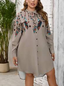 SHEIN LUNE Plus Size Women Feather Pattern Long Sleeve Shirt Dress Holiday Outfit Holiday Party Dress Plus Dress