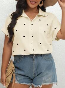 SHEIN VCAY Camisa casual de vacaciones con estampado de corazón para tallas grandes - Albaricoque - Ver 3