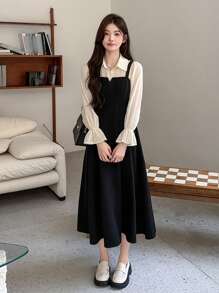 DAZY Vestido corto elegante de manga larga con solapa a color, vestido de camisa con volantes