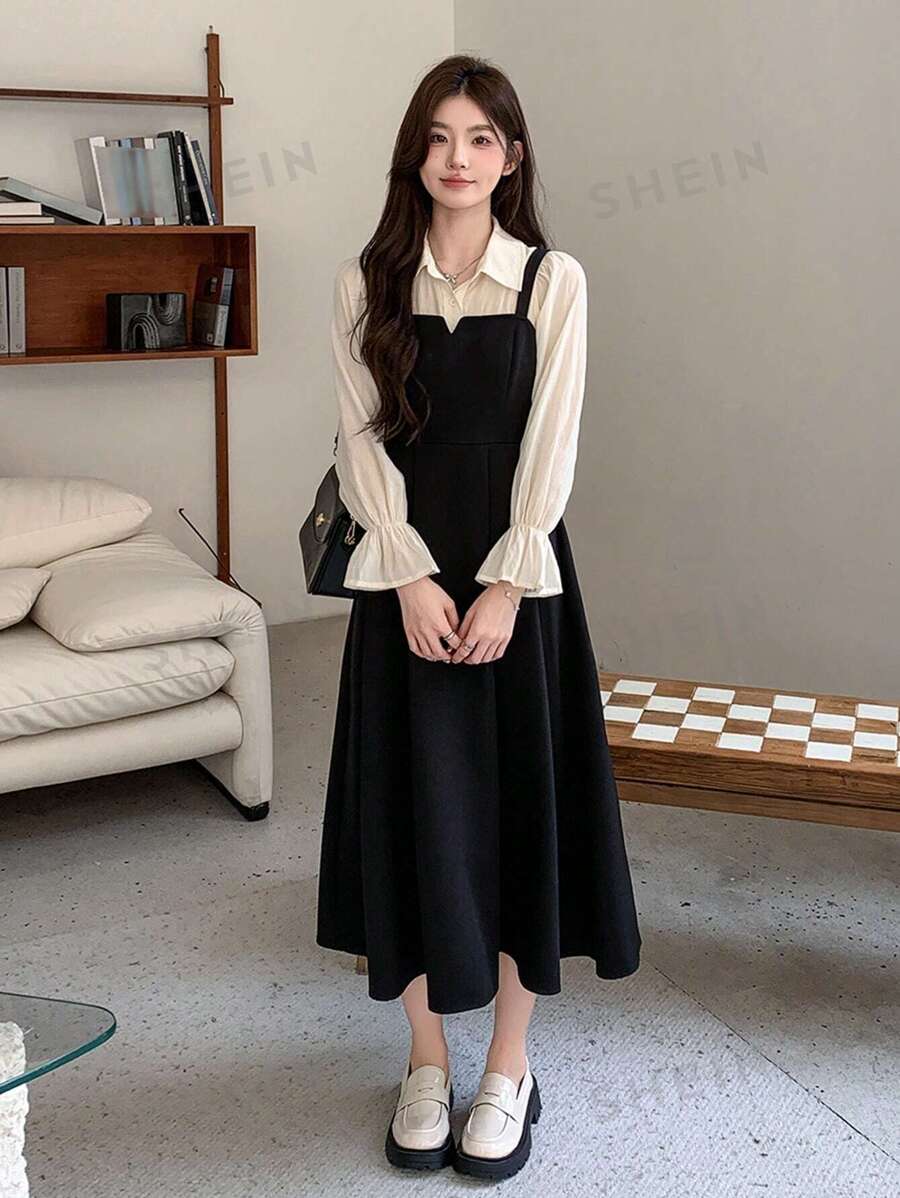 DAZY Vestido corto elegante de manga larga con solapa a color, vestido de camisa con volantes