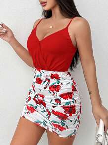 SHEIN LUNE 2 件套性感女士红色花卉印花交叉吊带上衣和荷叶边裙子