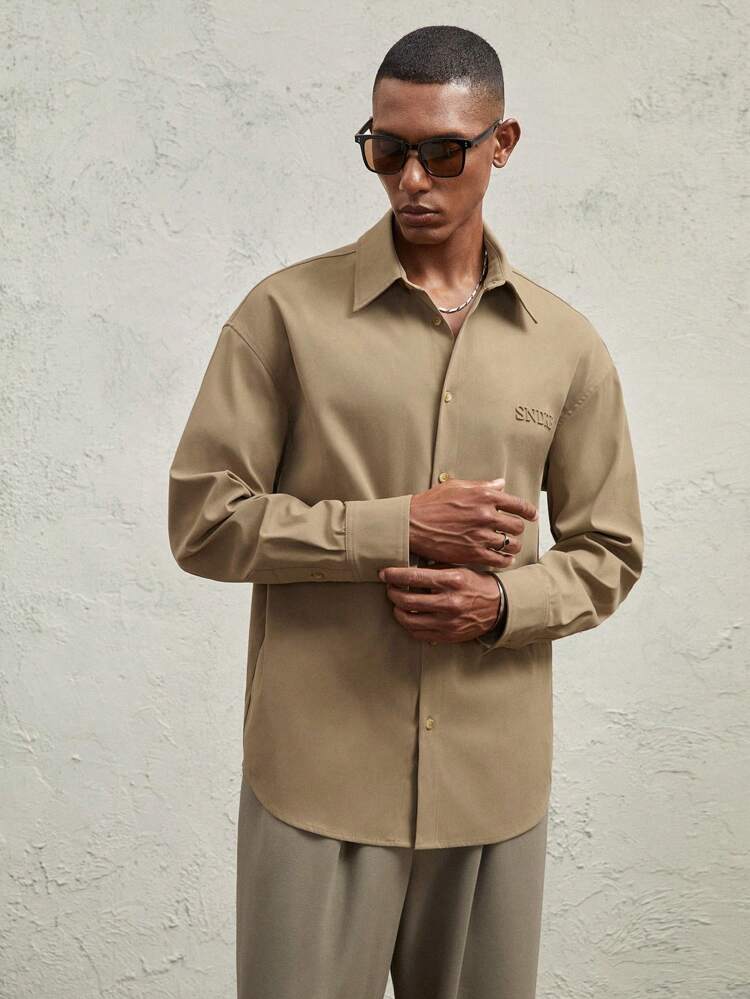 Men Letter Print Regular Fit Turn-Down Collar Long Sleeve Casual Shirt, Suitable For Autumn