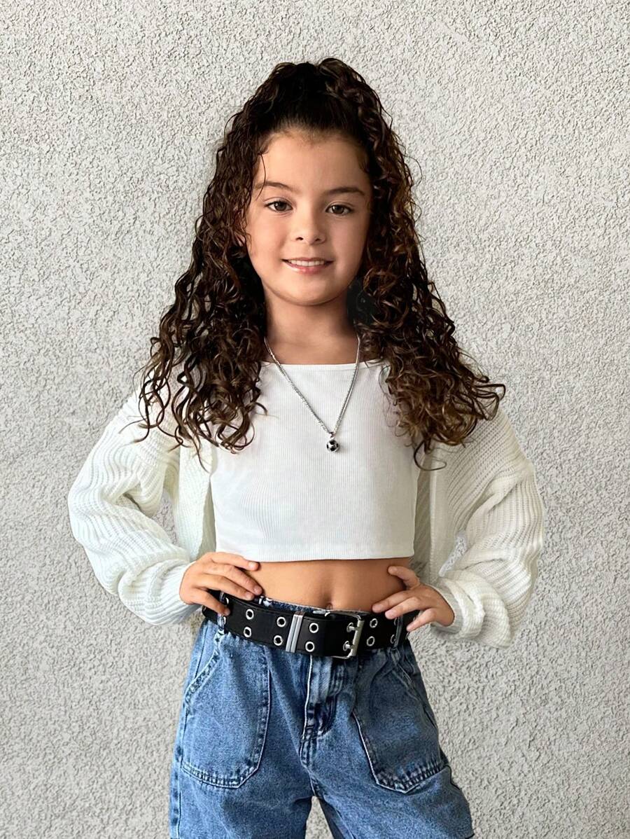 SHEIN Tween 女童休闲针织长袖开衫夹克