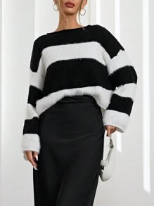 Aveloria Suéter holgado de moda casual con rayas aleatorias y contraste de color