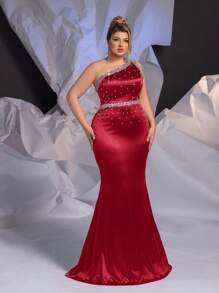 Glamrae 加大码蓝色缎面手工装饰珍珠花金银线贴花单肩鱼尾优雅晚礼服 - 紅色 - 查看 6