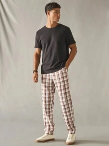 Manfinity VCAY Pantaloni casual da uomo a vita elastica aderenti con stampa a quadri - Cachi - Visualizzare 4