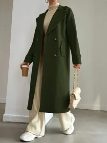 EURMUSE 女士純色羊毛大衣，雙排扣翻領設計 - 卡其色 - 查看 1