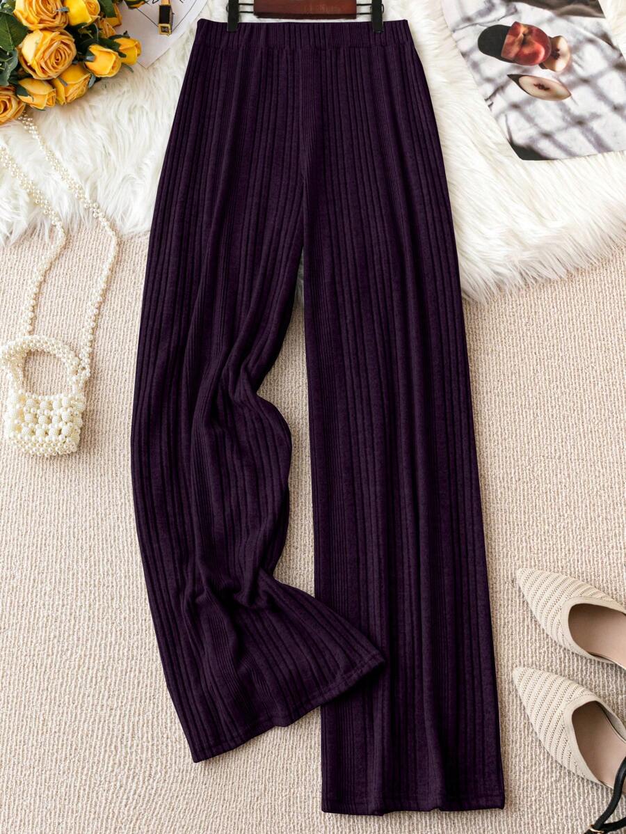 SHEIN LUNE 加大码弹性腰部直腿休闲宽松舒适裤子 - 紫色 - 查看 1