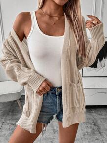 Chiquease 女式纯色落肩开衫，带双口袋，春秋季 - 卡其色 - 查看 6