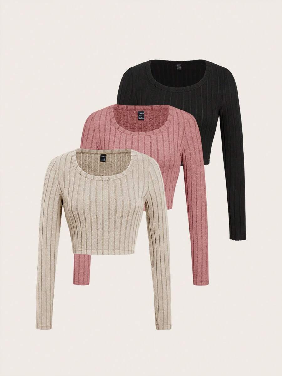 SHEIN Essnce 3pcs/Set Women's Assorted Color Knitted Long Sleeve T-Shirts - Multicolor - View 1
