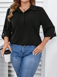 SHEIN LUNE Damen Große Größen Hemd Einfarbig mit Umlegekragen und Knopfmanschetten, Schwarz - Schwarz - View 6