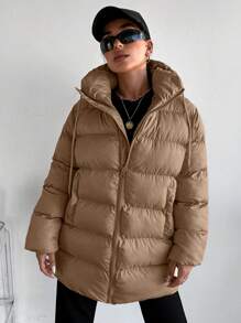 RueChic Zip Up Hooded Puffer Coat - Beige - View 5