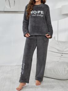 2pcs/Set Double-Sided Fleece Monogrammed Thick Ladies' Loungewear Fluffy Pajama Set, Fall Winter Clothes, Cozy - Dark Grey - View 5