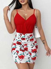 SHEIN LUNE 2 件套性感女士红色花卉印花交叉吊带上衣和荷叶边裙子