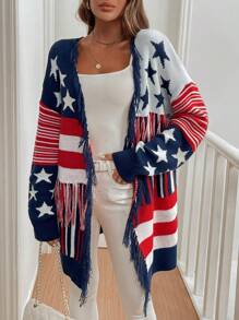 Chiquease Damen Cardigan mit Pentagramm Streifenmuster und Troddelverzierung